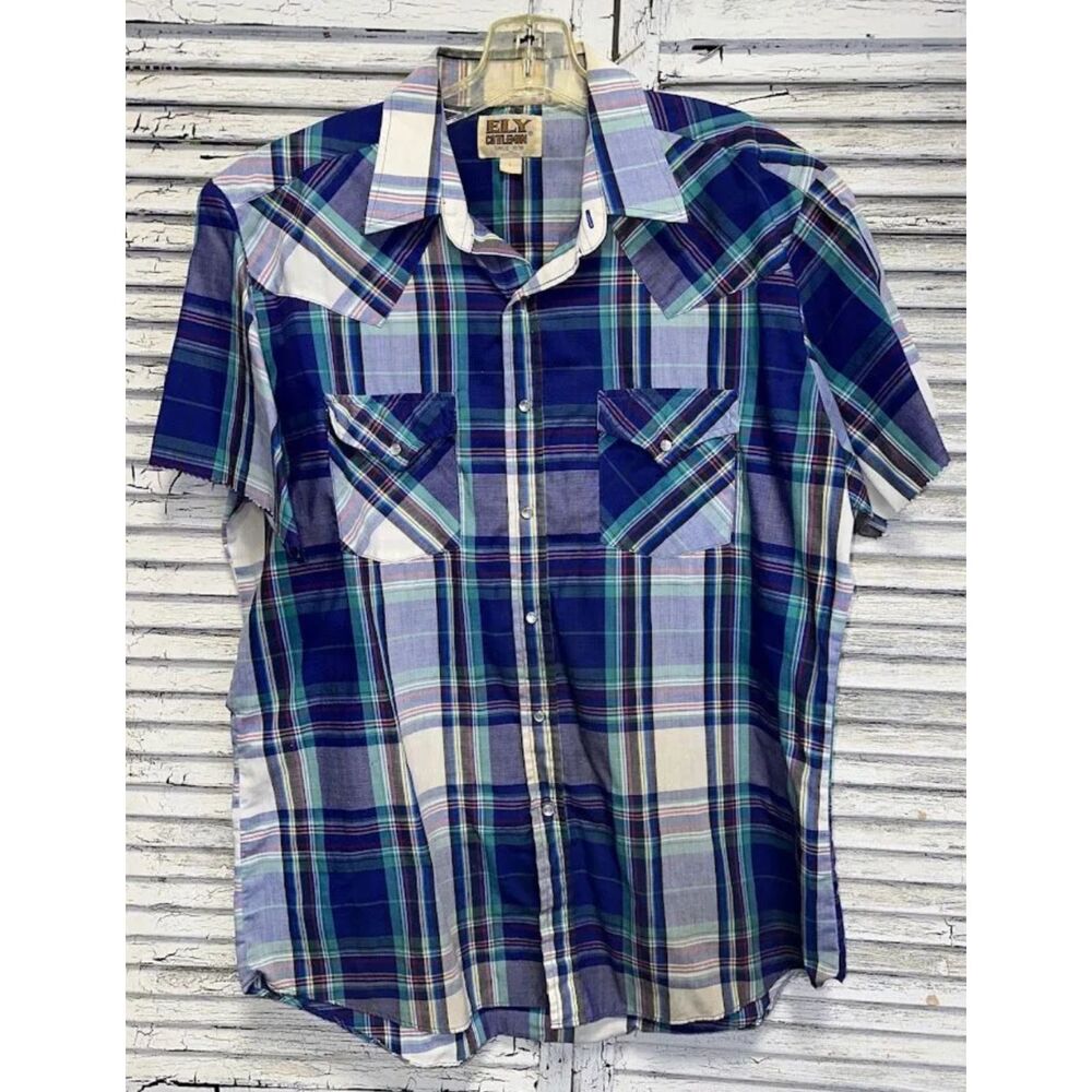 Vintage Men's Blue Ely Cattleman Pearl Snap Shirt Size Large